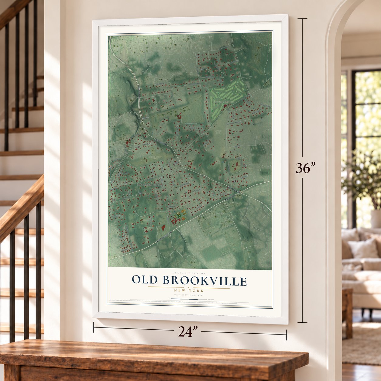 Old Brookville, New York map, 24 x 36 inch print in a white frame by a staircase