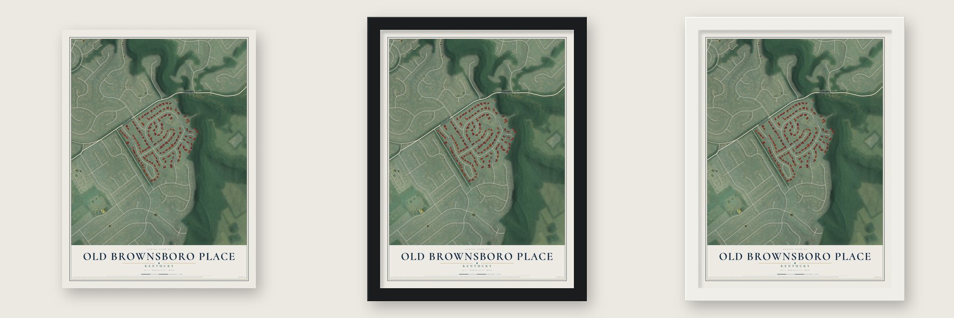 Old Brownsboro Place, Kentucky map unframed, in a black wood frame and in a white wood frame