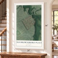 Old Brownsboro Place, Kentucky map, 24 x 36 inch print in a white frame by a staircase