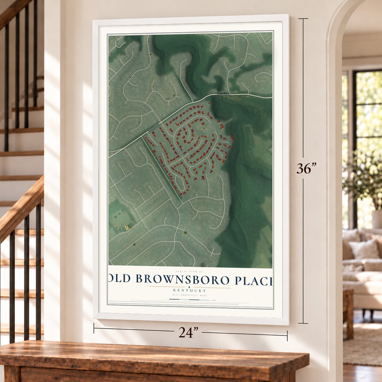 Old Brownsboro Place, Kentucky map, 24 x 36 inch print in a white frame by a staircase