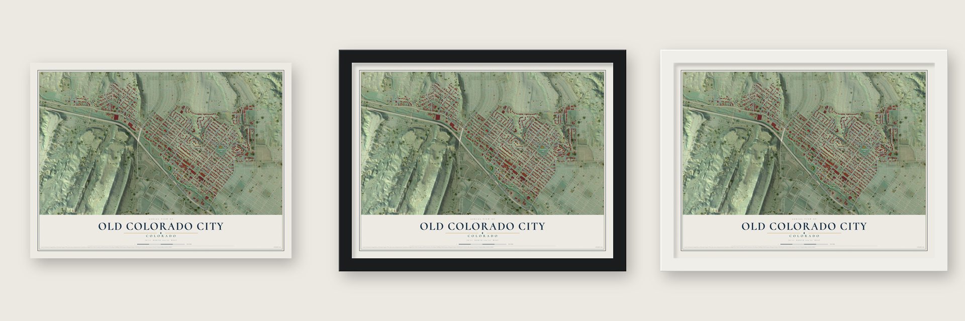 Old Colorado City, Colorado map unframed, in a black wood frame and in a white wood frame