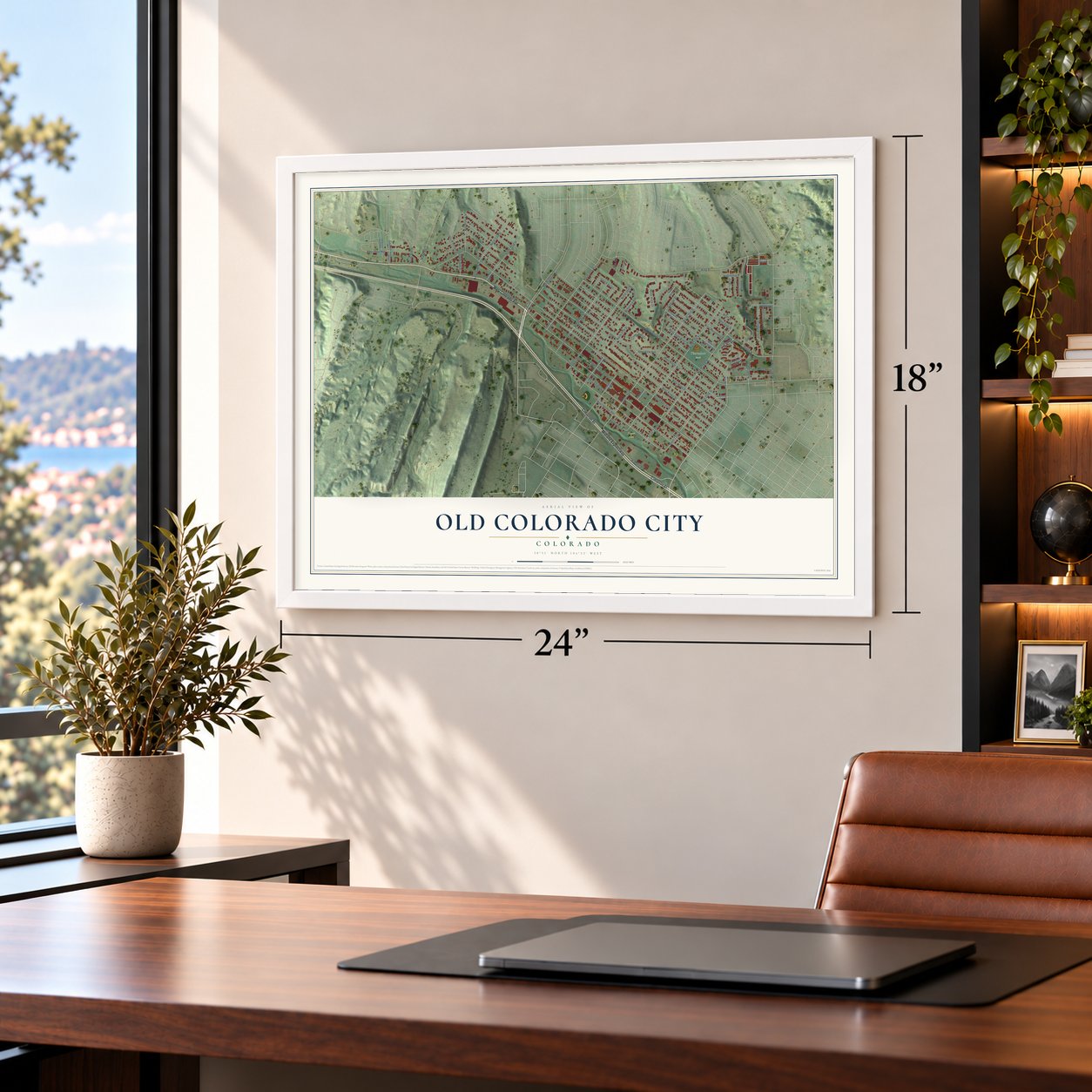 Old Colorado City, Colorado map, 18 x 24 inch print in a white frame in a home office