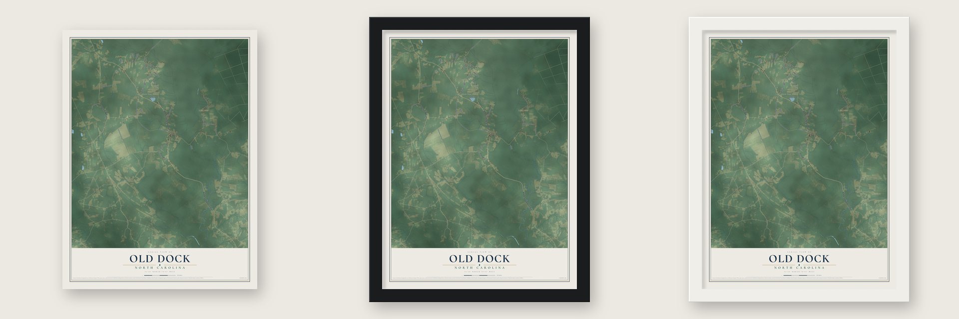 Old Dock, North Carolina map unframed, in a black wood frame and in a white wood frame