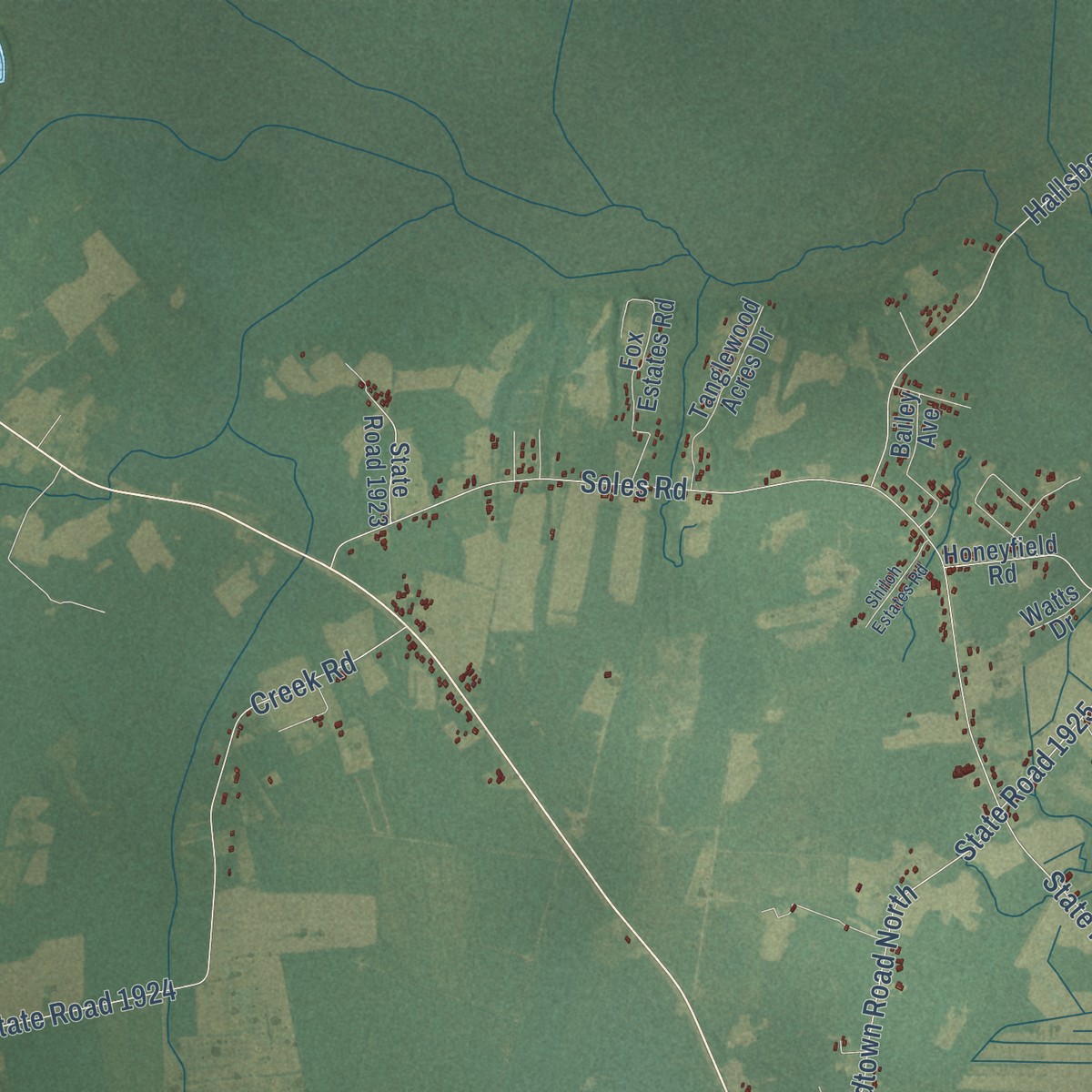 Second close-up of the map of Old Dock, North Carolina print showing more streets and buildings