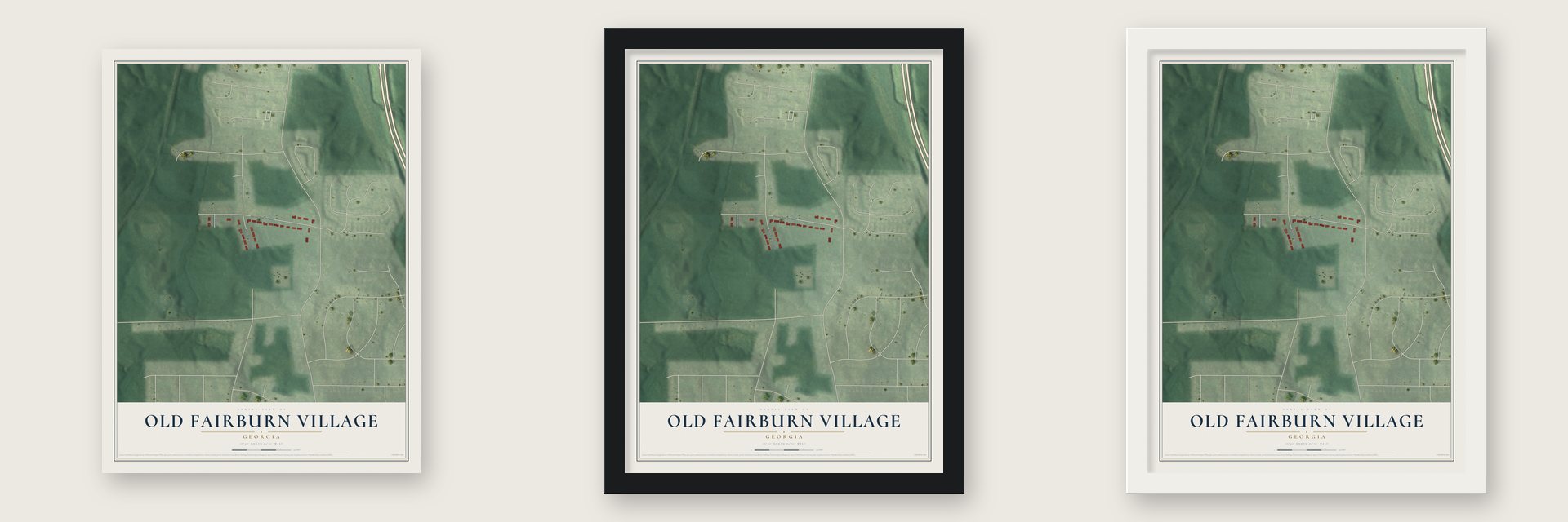 Old Fairburn Village, Georgia map unframed, in a black wood frame and in a white wood frame