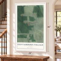 Old Fairburn Village, Georgia map, 24 x 36 inch print in a white frame by a staircase