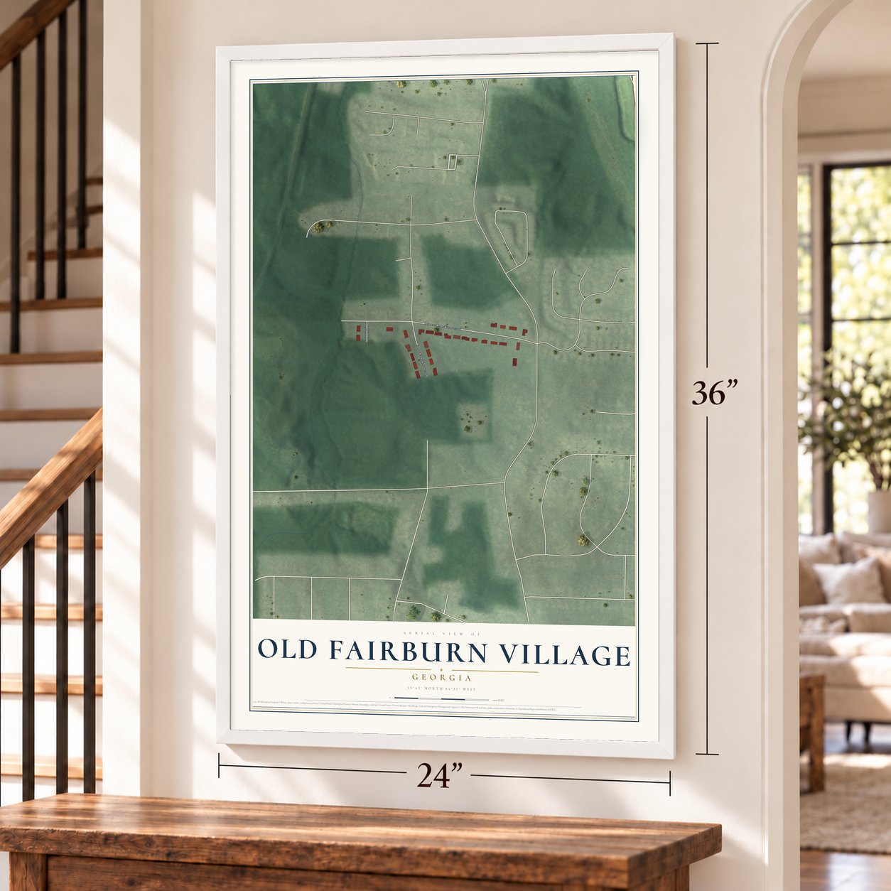 Old Fairburn Village, Georgia map, 24 x 36 inch print in a white frame by a staircase