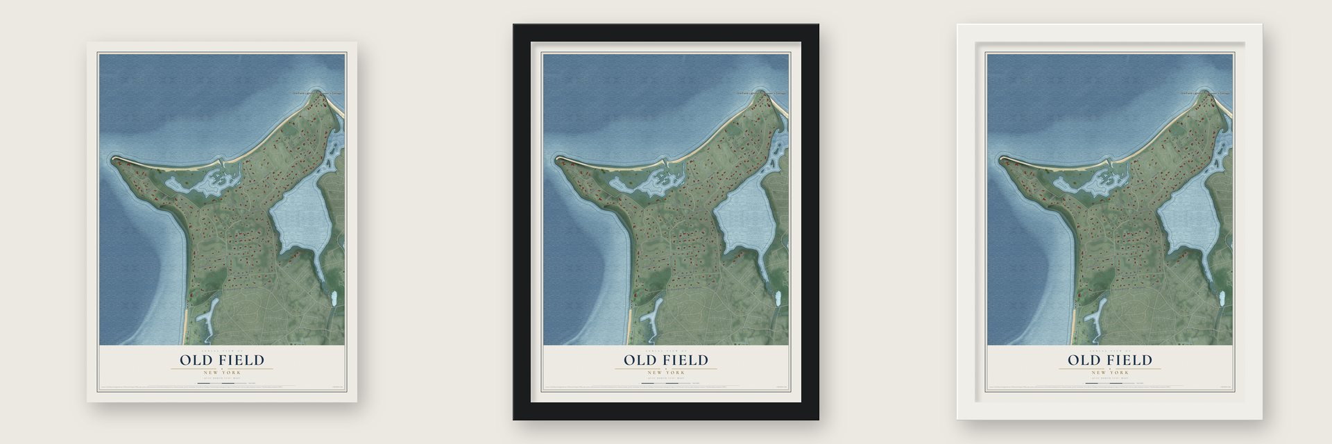 Old Field, New York map unframed, in a black wood frame and in a white wood frame