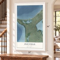 Old Field, New York map, 24 x 36 inch print in a white frame by a staircase