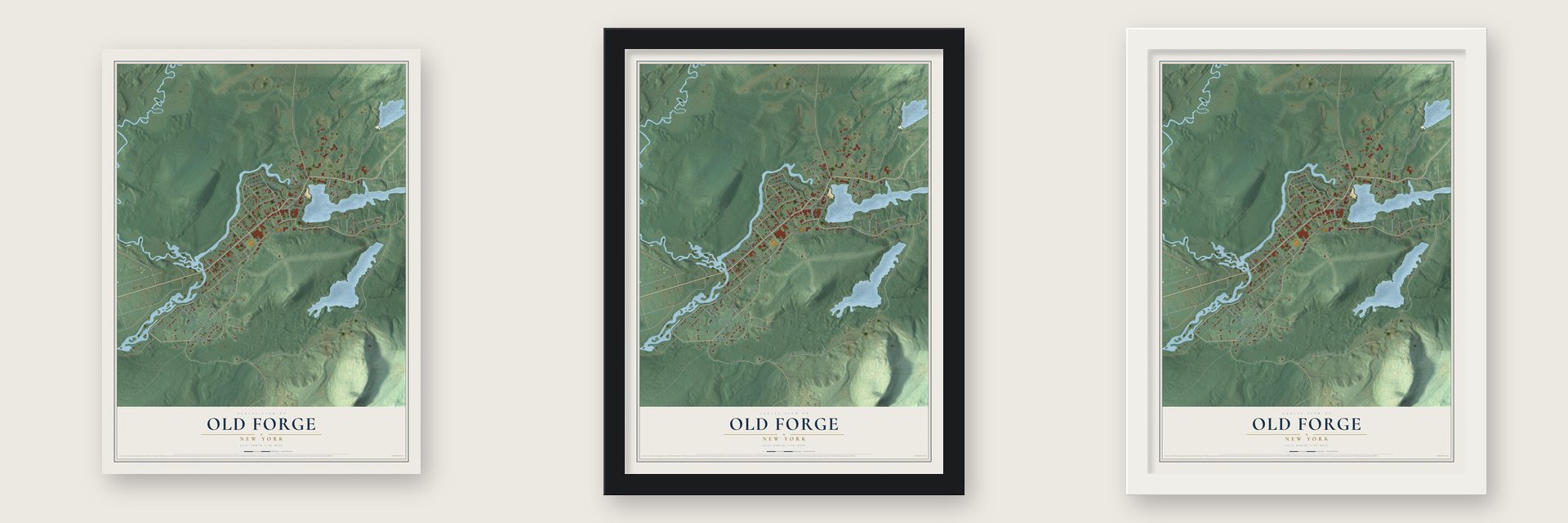 Old Forge, New York map unframed, in a black wood frame and in a white wood frame
