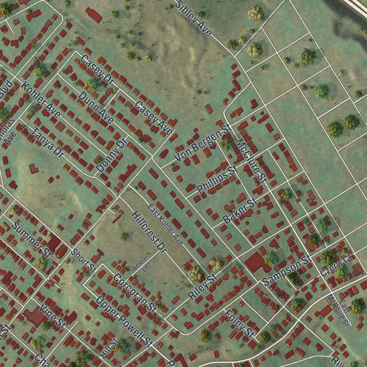 Second close-up of the map of Old Forge, Pennsylvania print showing more streets and buildings