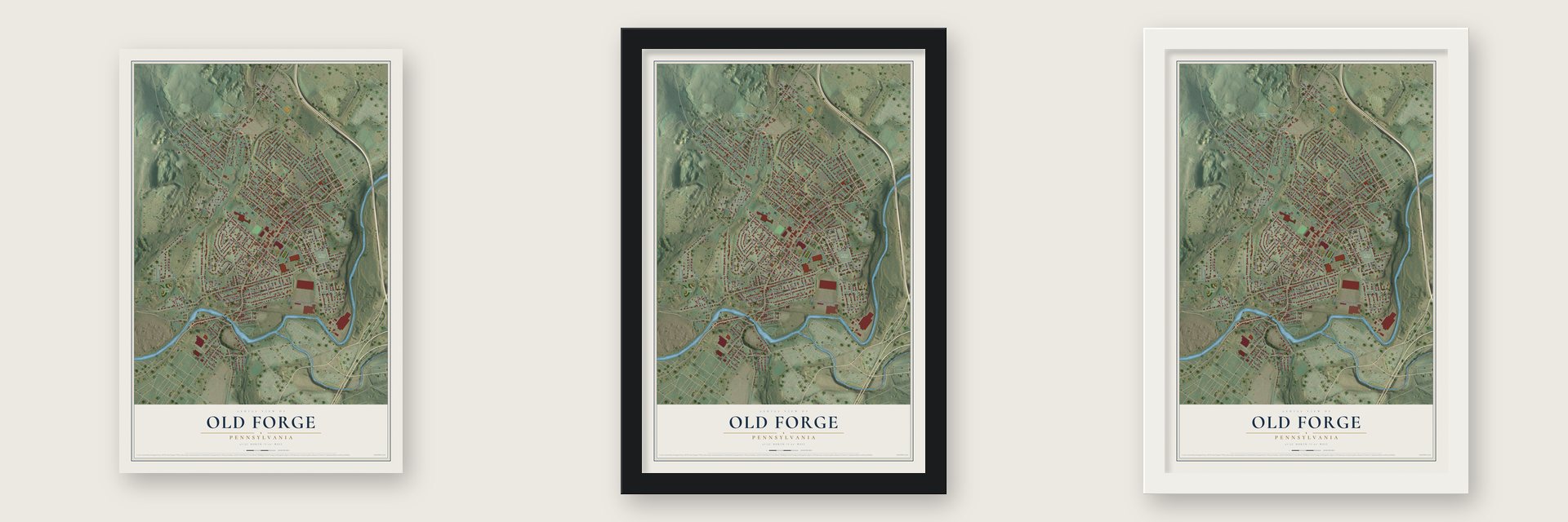 Old Forge, Pennsylvania map unframed, in a black wood frame and in a white wood frame