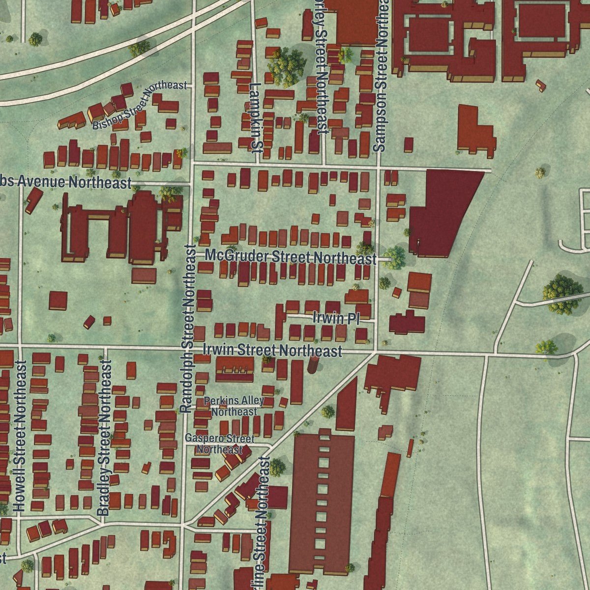 Second close-up of the map of Old Fourth Ward, Georgia print showing more streets and buildings