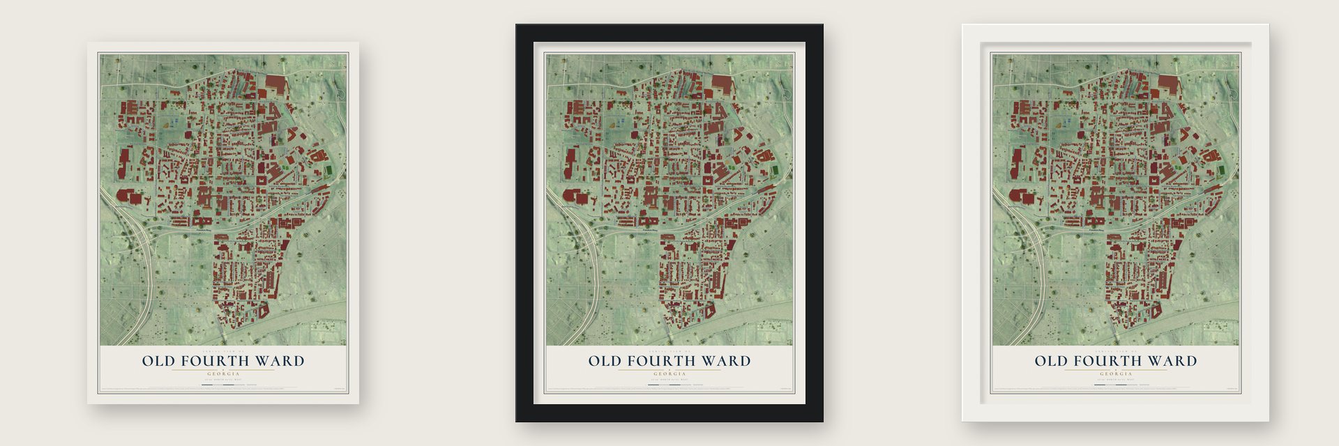 Old Fourth Ward, Georgia map unframed, in a black wood frame and in a white wood frame