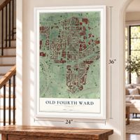 Old Fourth Ward, Georgia map, 24 x 36 inch print in a white frame by a staircase