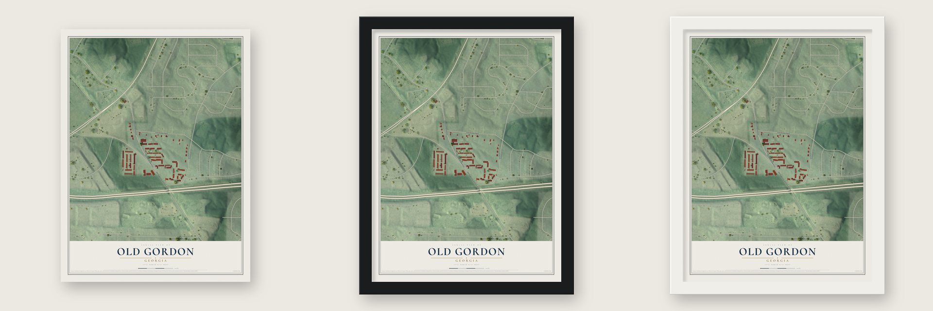 Old Gordon, Georgia map unframed, in a black wood frame and in a white wood frame