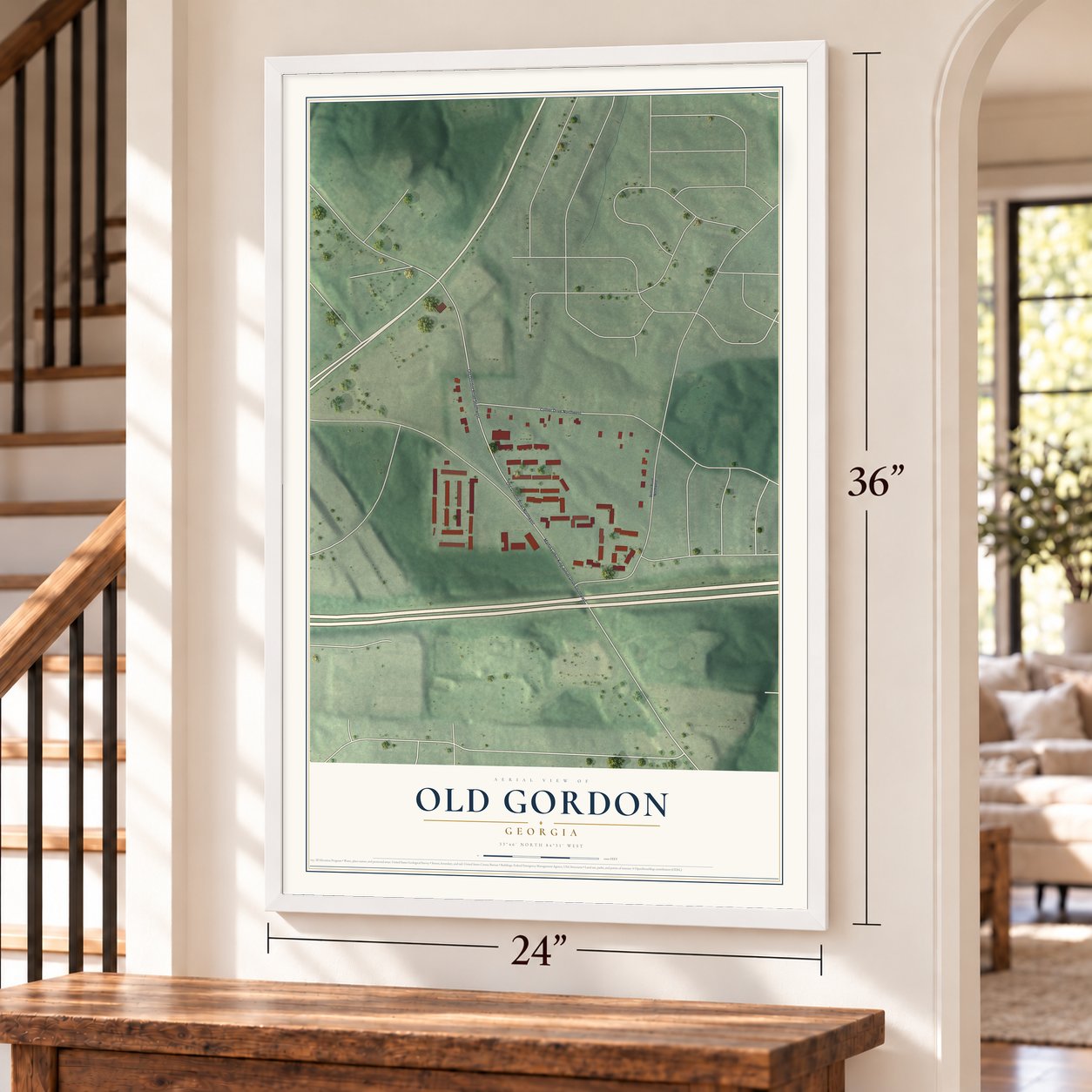 Old Gordon, Georgia map, 24 x 36 inch print in a white frame by a staircase
