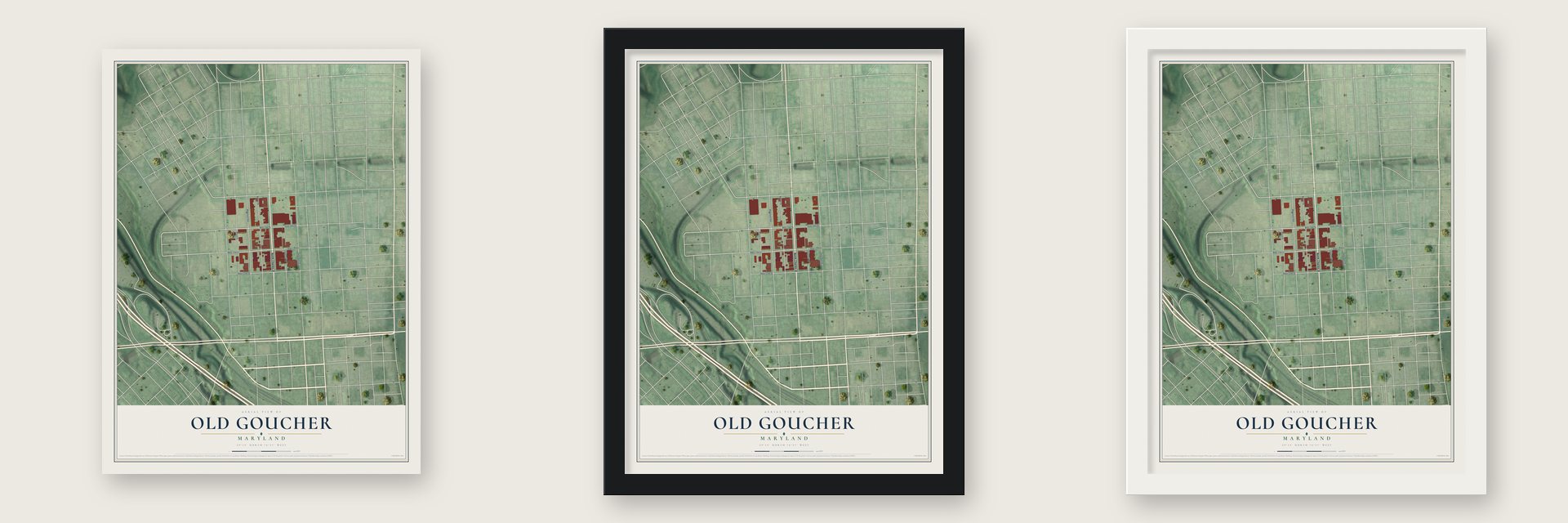 Old Goucher, Maryland map unframed, in a black wood frame and in a white wood frame