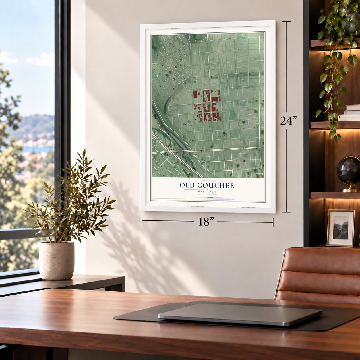 Old Goucher, Maryland map, 18 x 24 inch print in a white frame in a home office