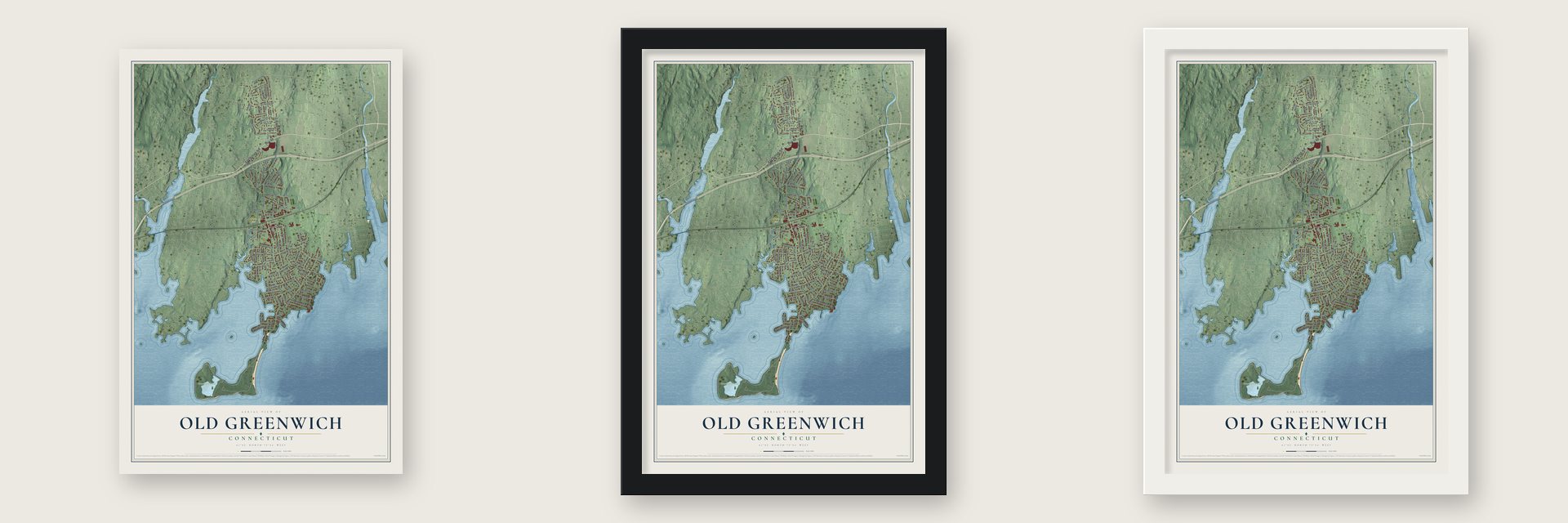 Old Greenwich, Connecticut map unframed, in a black wood frame and in a white wood frame