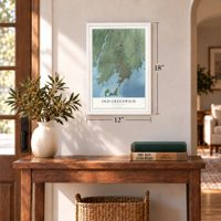 Old Greenwich, Connecticut map, 12 x 18 inch print in a white frame in an entryway