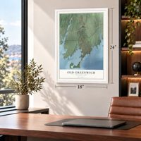 Old Greenwich, Connecticut map, 18 x 24 inch print in a white frame in a home office