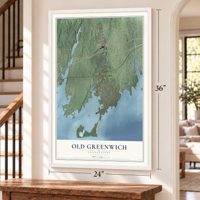 Old Greenwich, Connecticut map, 24 x 36 inch print in a white frame by a staircase