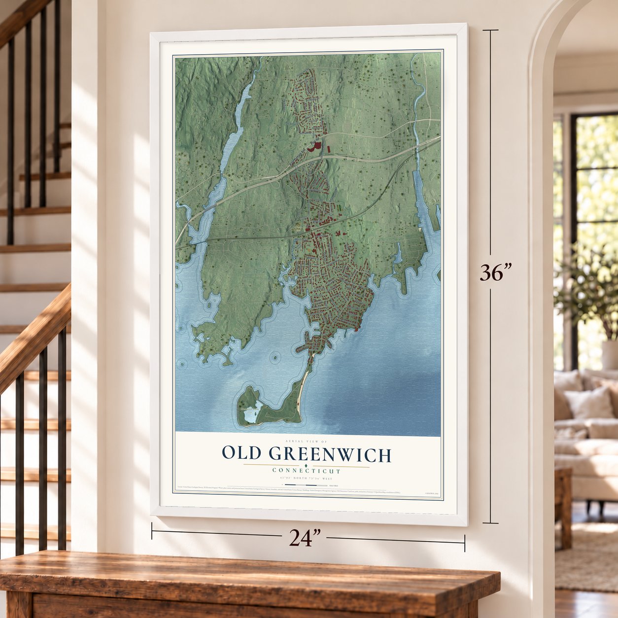 Old Greenwich, Connecticut map, 24 x 36 inch print in a white frame by a staircase