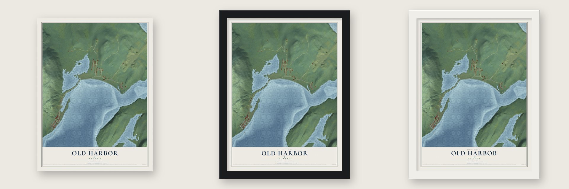 Old Harbor, Alaska map unframed, in a black wood frame and in a white wood frame