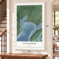 Old Harbor, Alaska map, 24 x 36 inch print in a white frame by a staircase