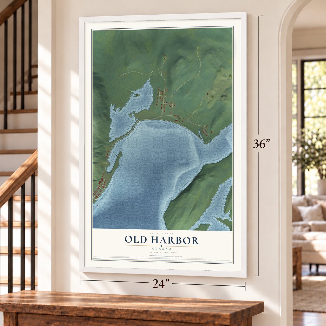 Old Harbor, Alaska map, 24 x 36 inch print in a white frame by a staircase