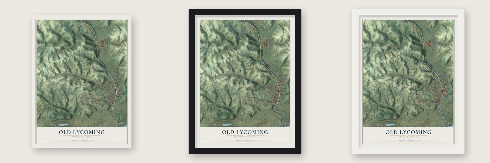 Old Lycoming, Pennsylvania map unframed, in a black wood frame and in a white wood frame