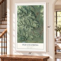 Old Lycoming, Pennsylvania map, 24 x 36 inch print in a white frame by a staircase