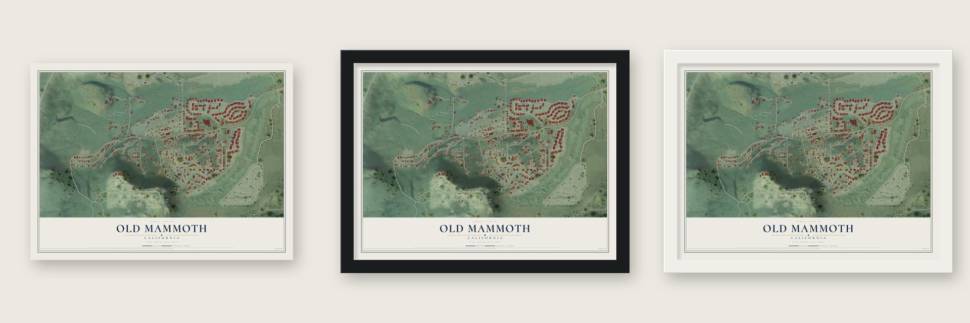Old Mammoth, California map unframed, in a black wood frame and in a white wood frame