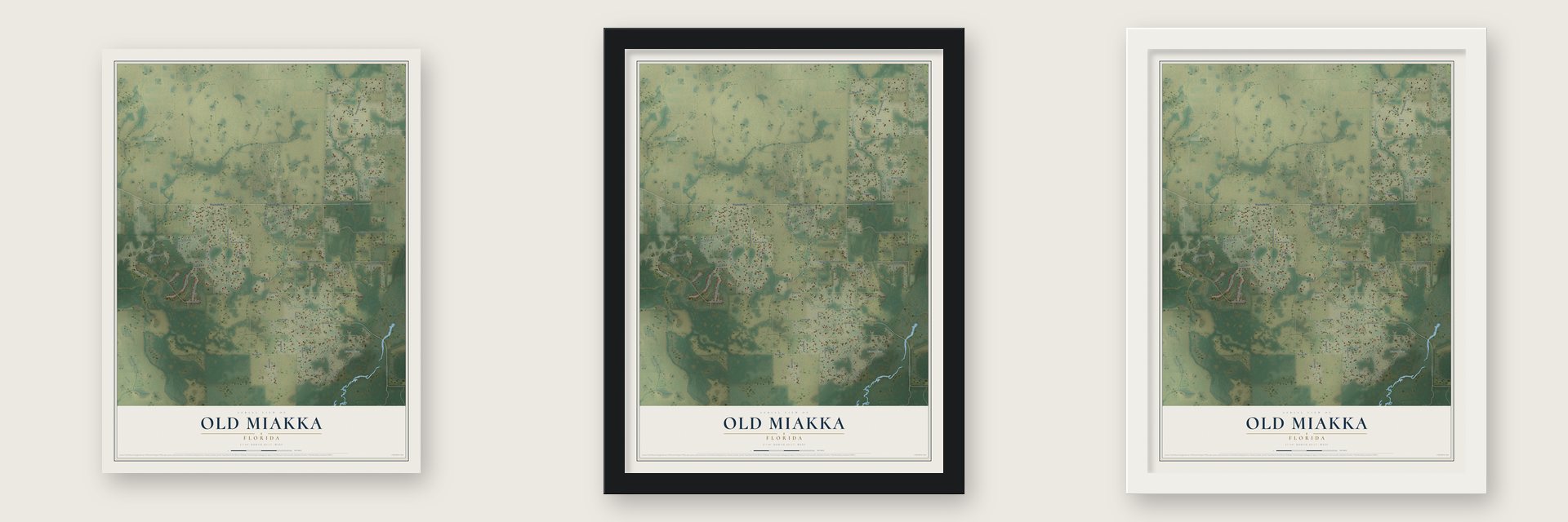 Old Miakka, Florida map unframed, in a black wood frame and in a white wood frame
