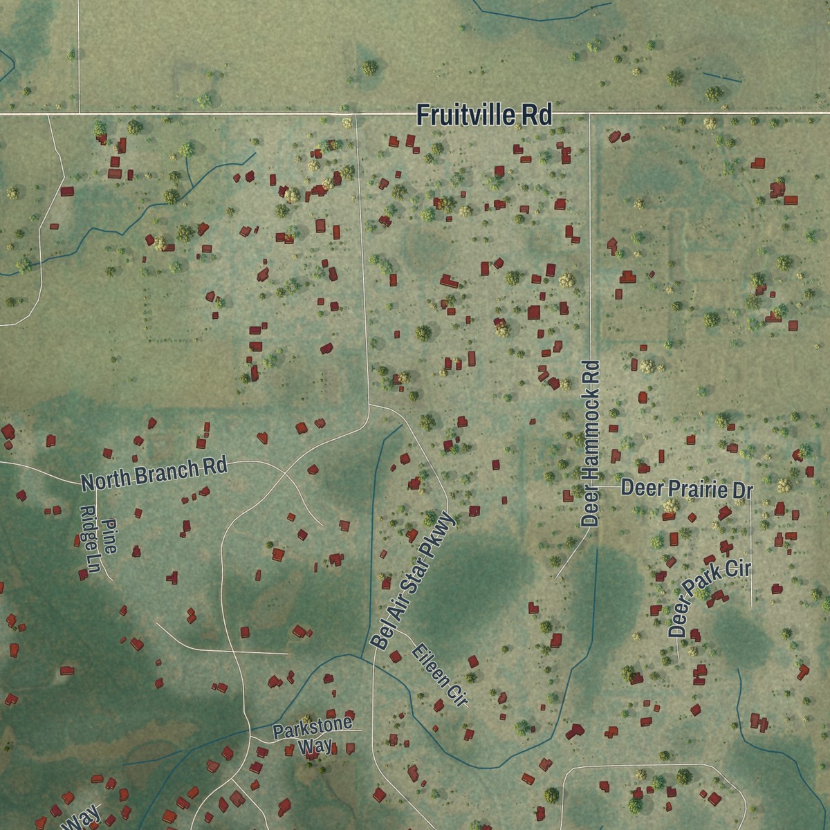 Second close-up of the map of Old Miakka, Florida print showing more streets and buildings
