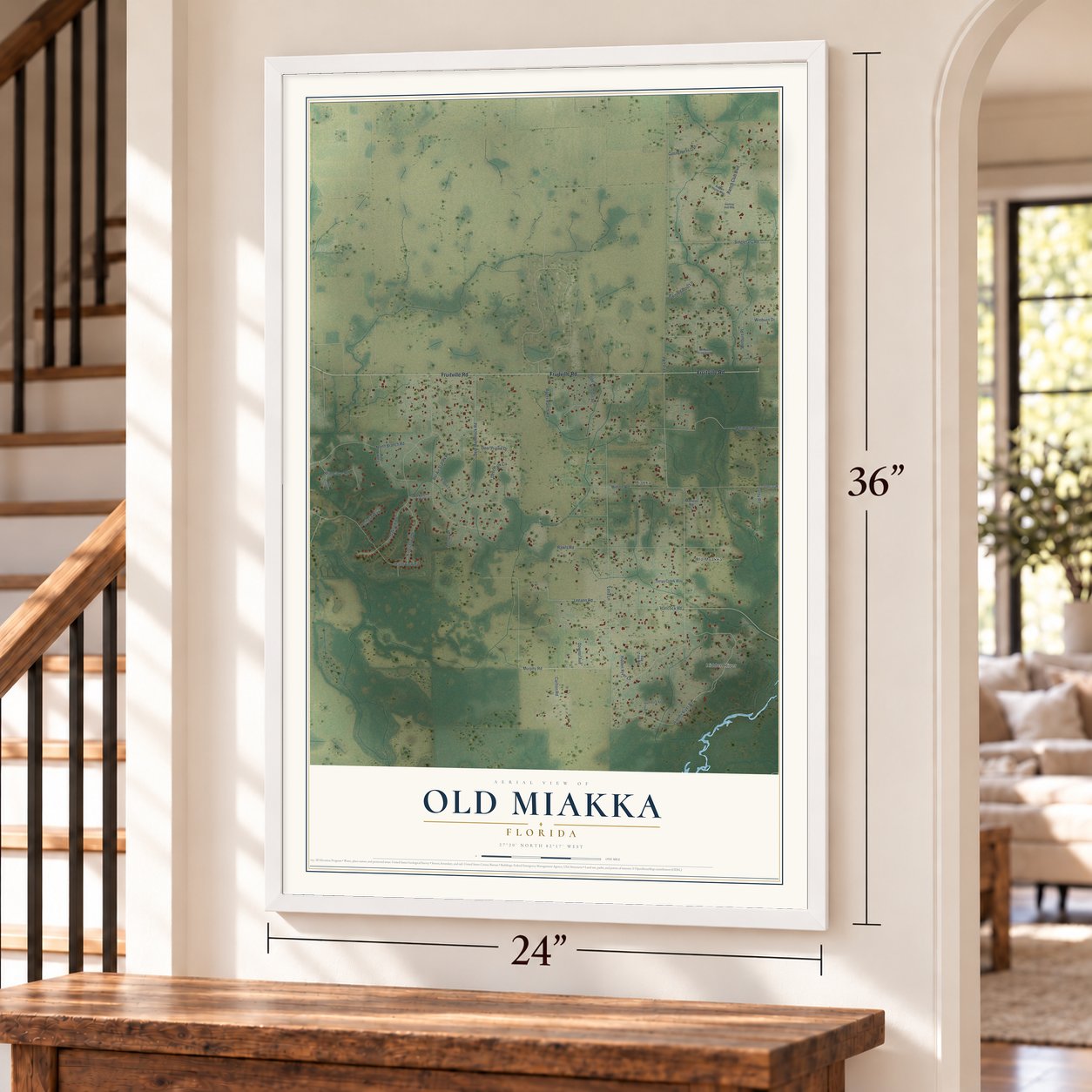 Old Miakka, Florida map, 24 x 36 inch print in a white frame by a staircase