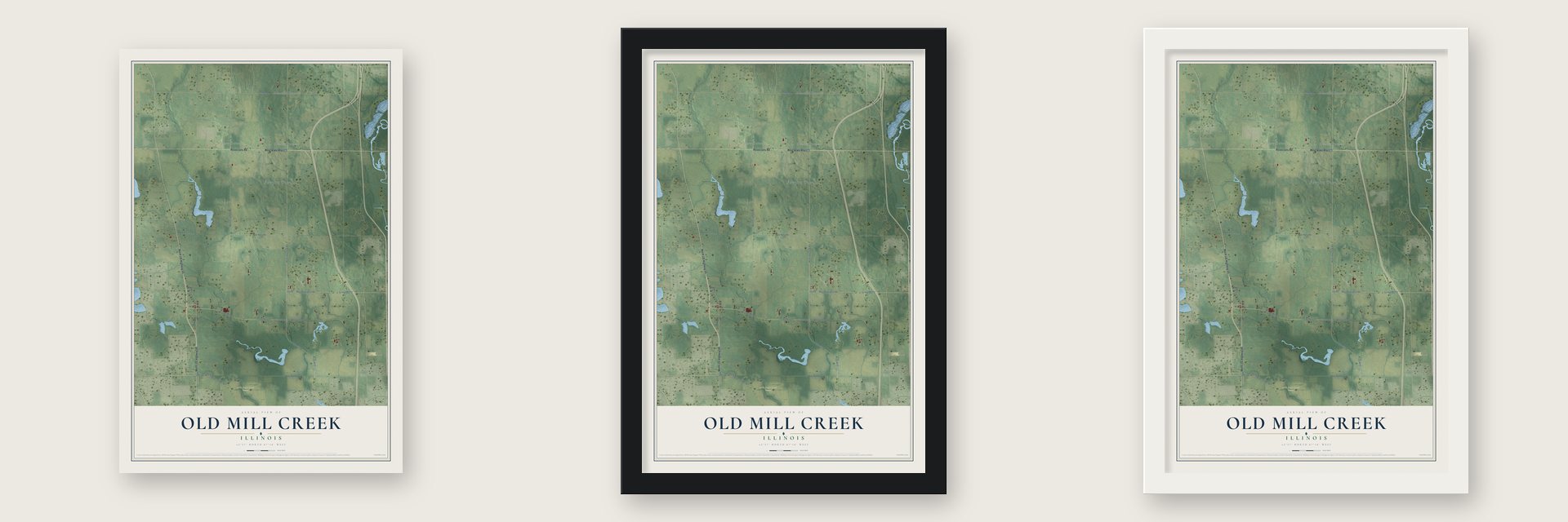 Old Mill Creek, Illinois map unframed, in a black wood frame and in a white wood frame