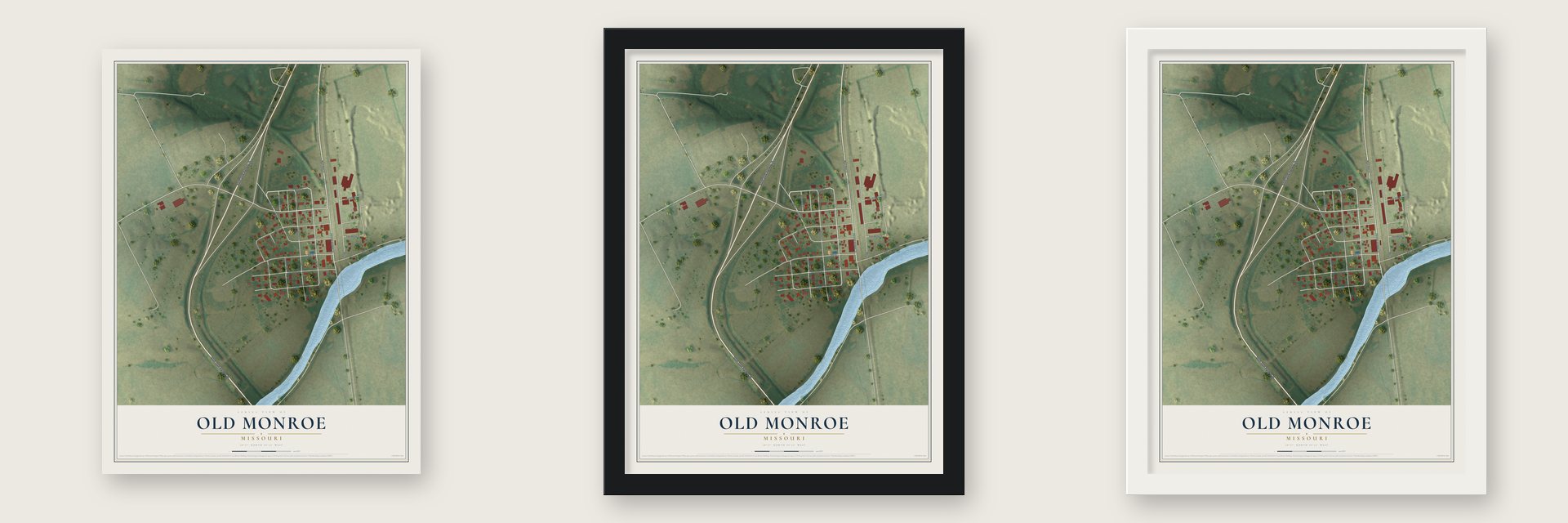 Old Monroe, Missouri map unframed, in a black wood frame and in a white wood frame