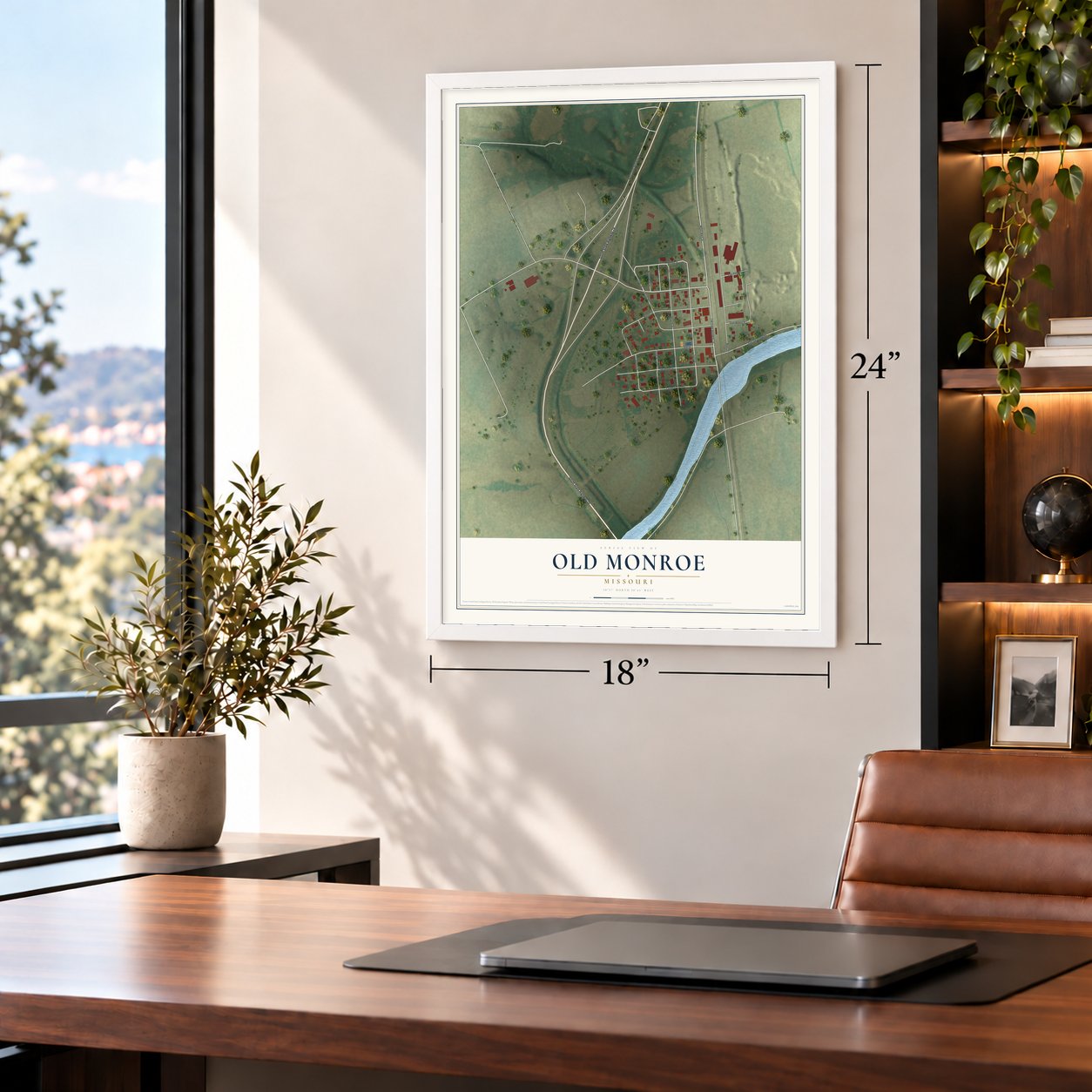 Old Monroe, Missouri map, 18 x 24 inch print in a white frame in a home office