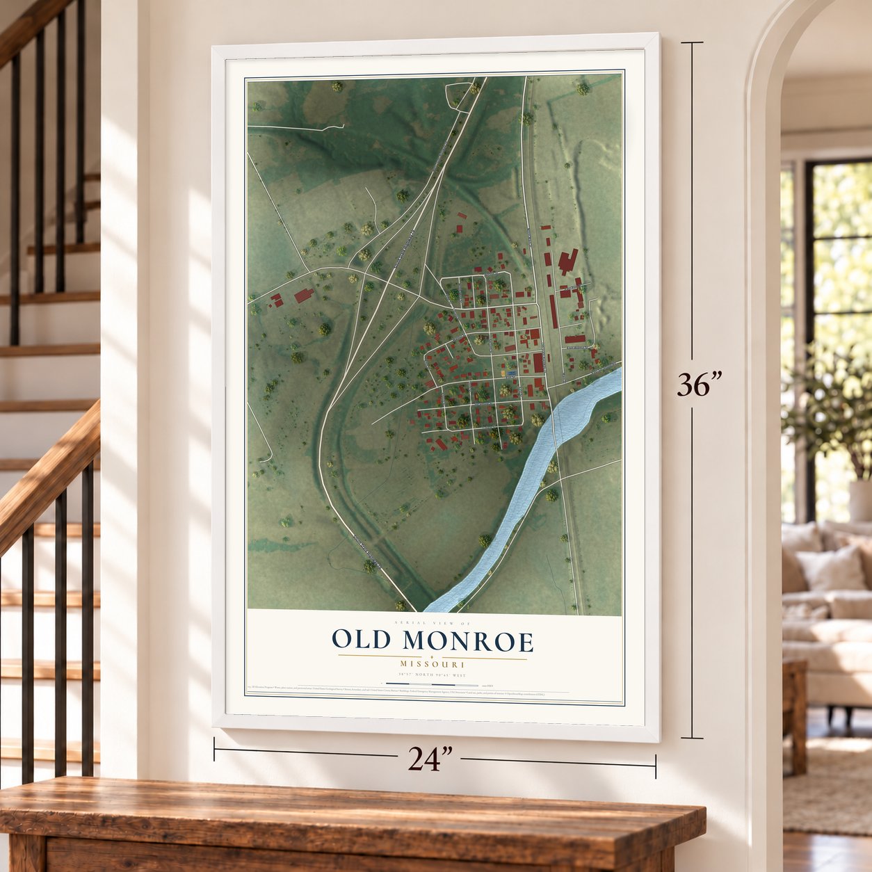 Old Monroe, Missouri map, 24 x 36 inch print in a white frame by a staircase