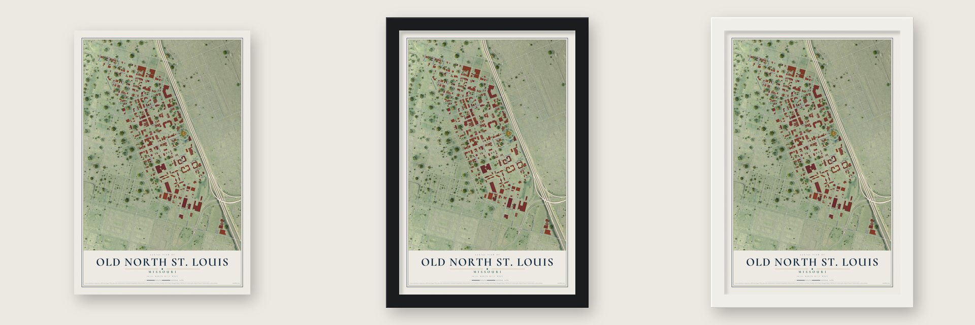 Old North St. Louis, Missouri map unframed, in a black wood frame and in a white wood frame