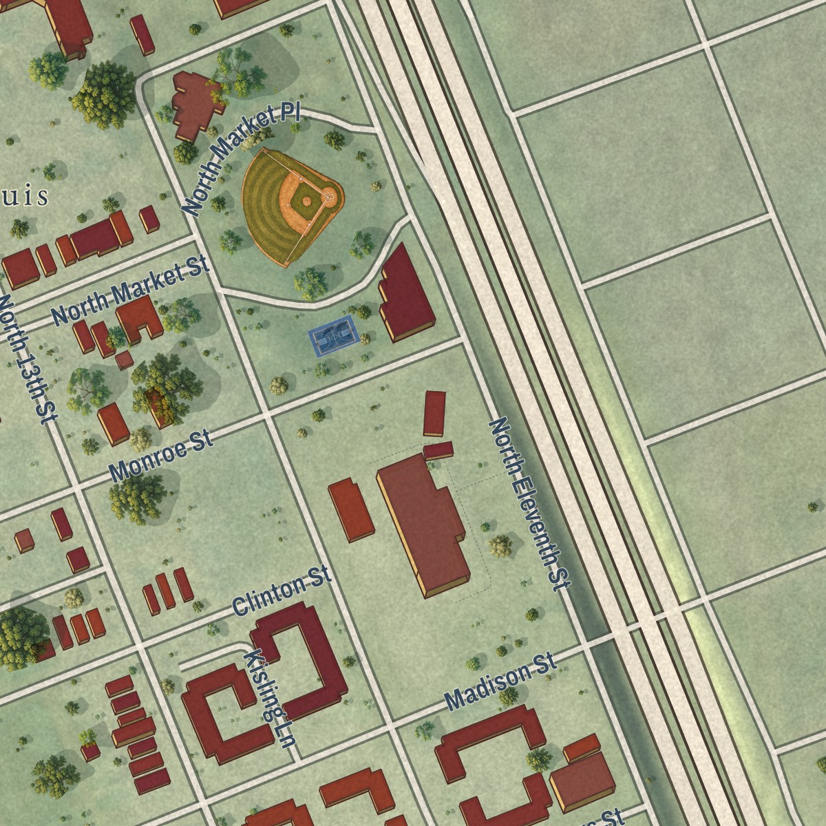 Second close-up of the map of Old North St. Louis, Missouri print showing more streets and buildings