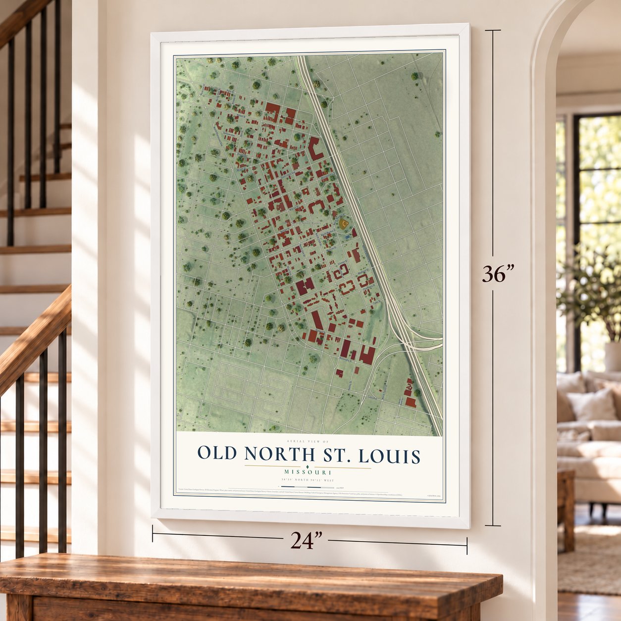 Old North St. Louis, Missouri map, 24 x 36 inch print in a white frame by a staircase
