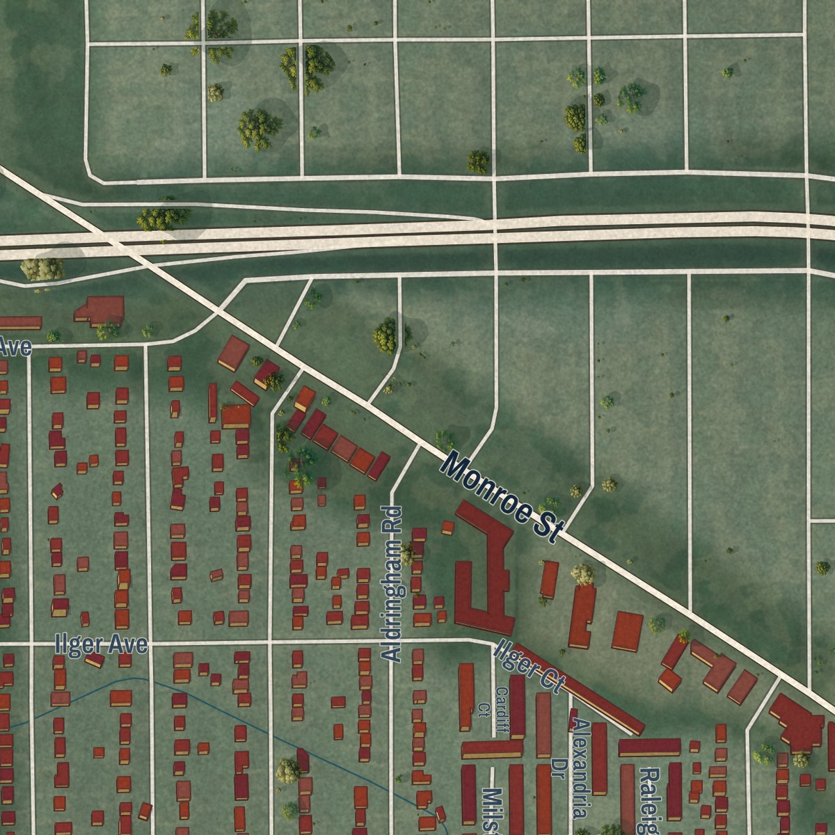 Second close-up of the map of Old Orchard, Ohio print showing more streets and buildings