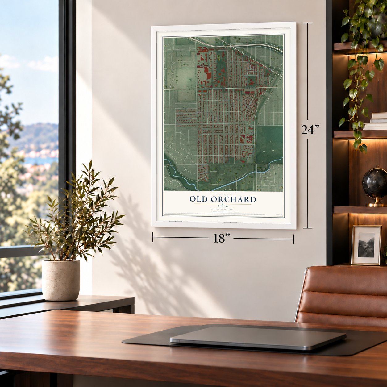 Old Orchard, Ohio map, 18 x 24 inch print in a white frame in a home office