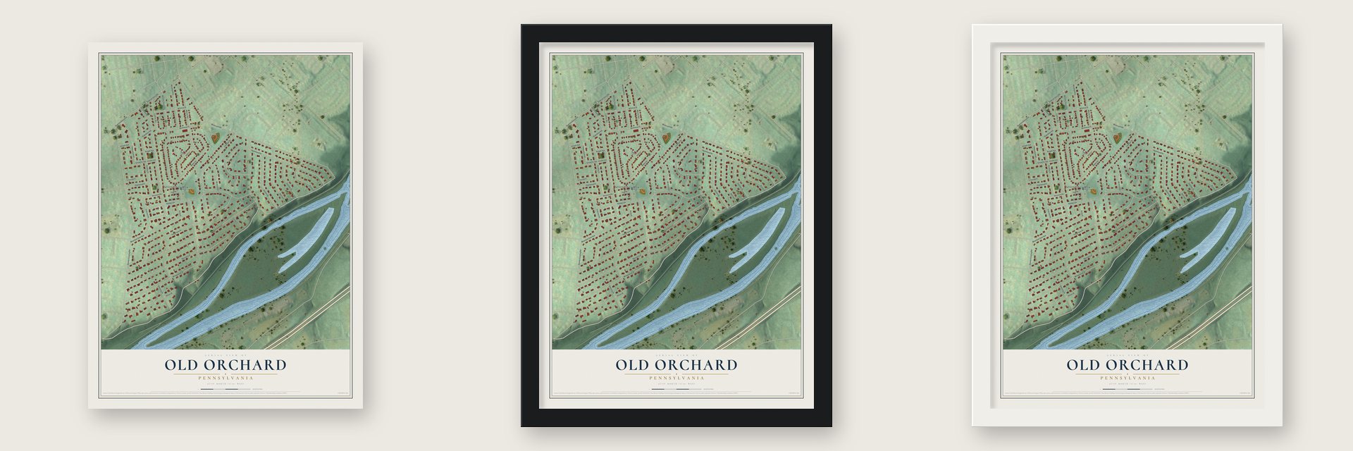 Old Orchard, Pennsylvania map unframed, in a black wood frame and in a white wood frame