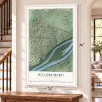 Old Orchard, Pennsylvania map, 24 x 36 inch print in a white frame by a staircase