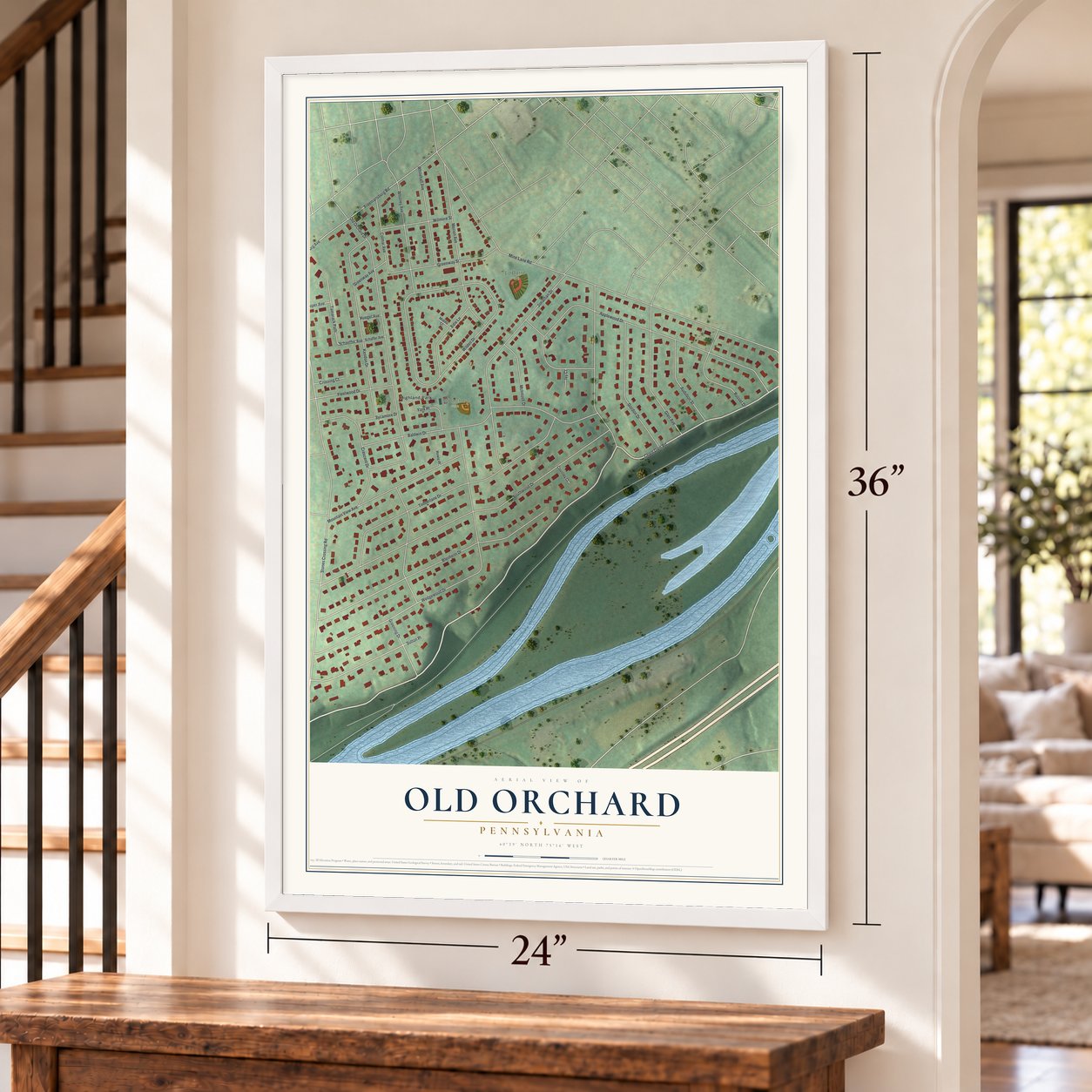 Old Orchard, Pennsylvania map, 24 x 36 inch print in a white frame by a staircase