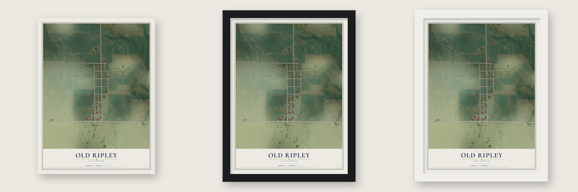 Old Ripley, Illinois map unframed, in a black wood frame and in a white wood frame